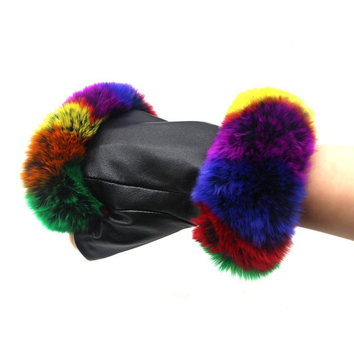 Women's Fingerless Sheepskin Leather Rabbit Fur Gloves Luxury Winter Leather Hand Mittens Warmers