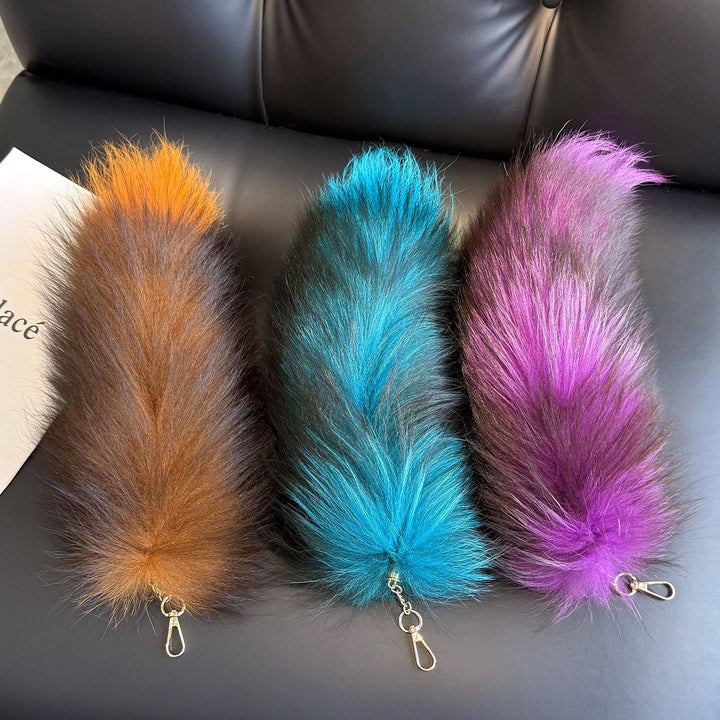 Colorful Real Fox Fur Tail Keychain Fluffy Long Fur Bag Charm Key Ring