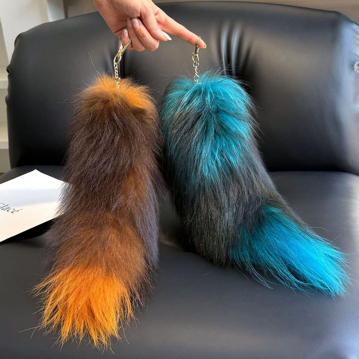 Colorful Real Fox Fur Tail Keychain Fluffy Long Fur Bag Charm Key Ring