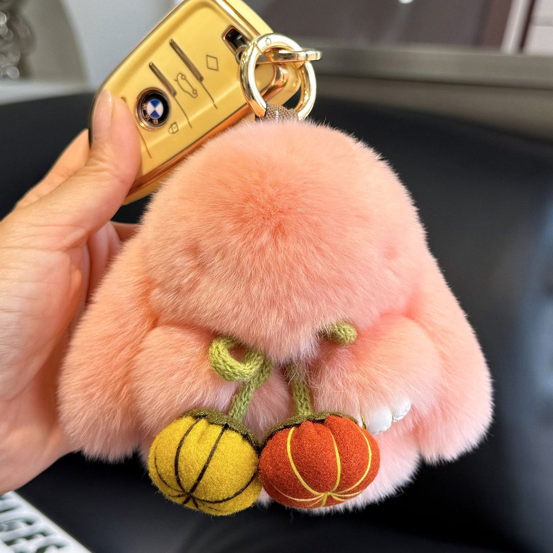 2026 Autumn New Halloween Pumpkin Rabbit Fur Bunny Keychain Soft Fluffy Bag  Car Accessory