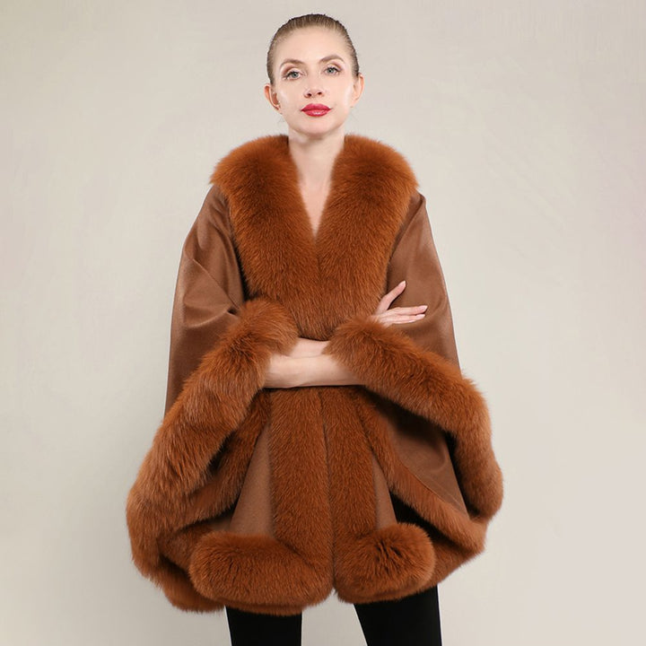 Women’s Oversized Cashmere Poncho Cape with Real Fox Fur Trim