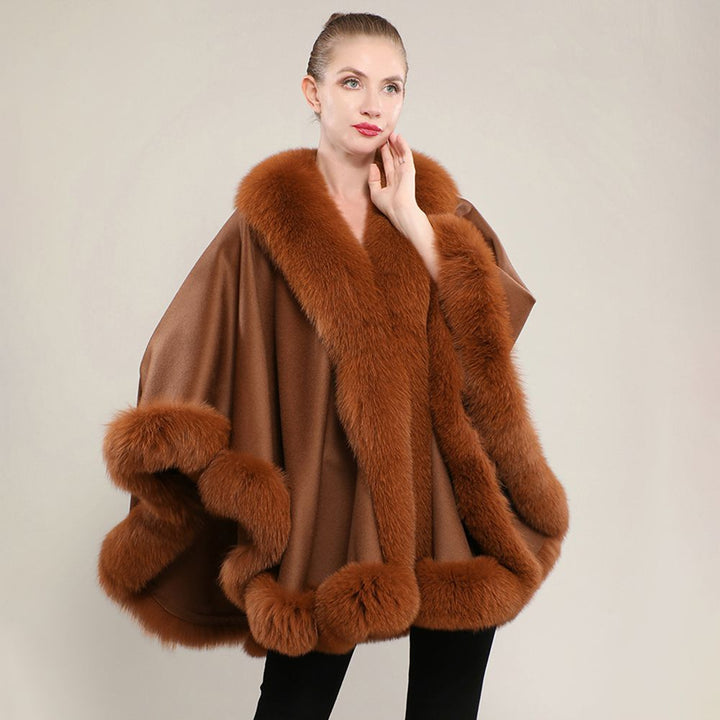 Women’s Oversized Cashmere Poncho Cape with Real Fox Fur Trim