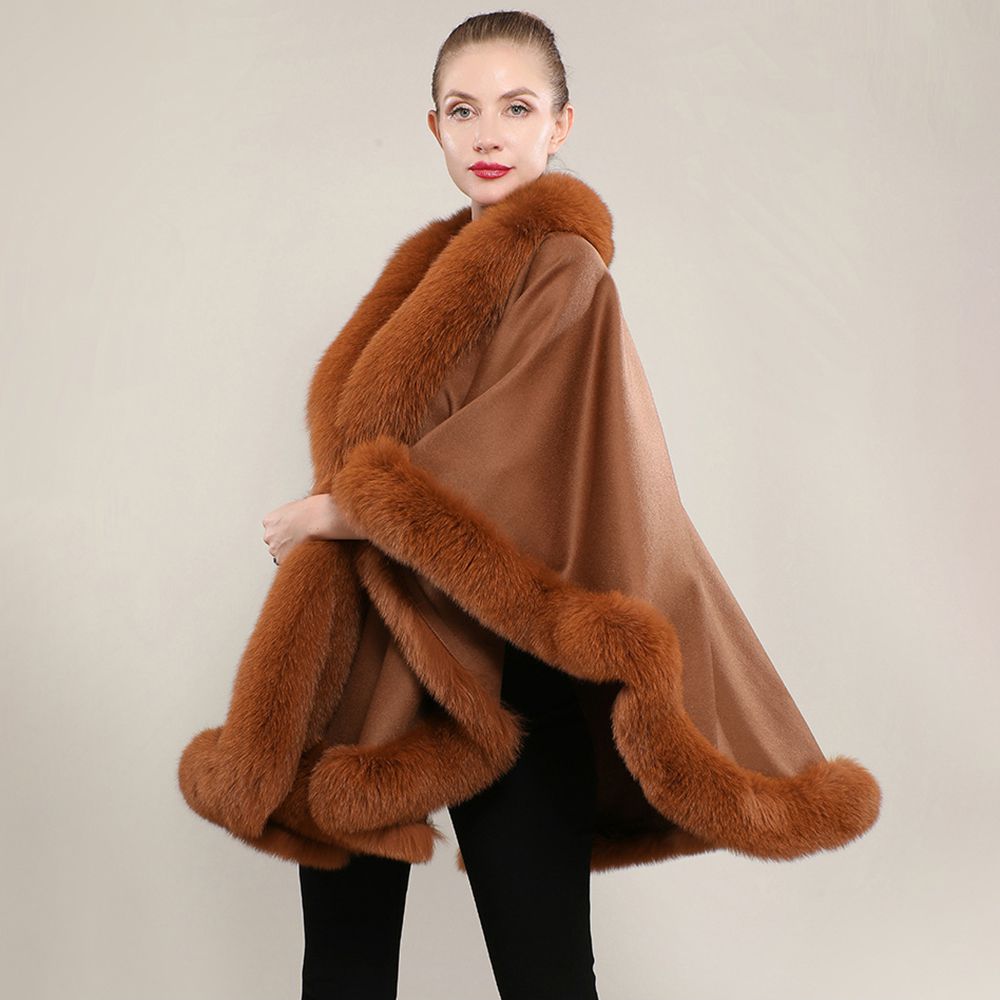 Women’s Oversized Cashmere Poncho Cape with Real Fox Fur Trim