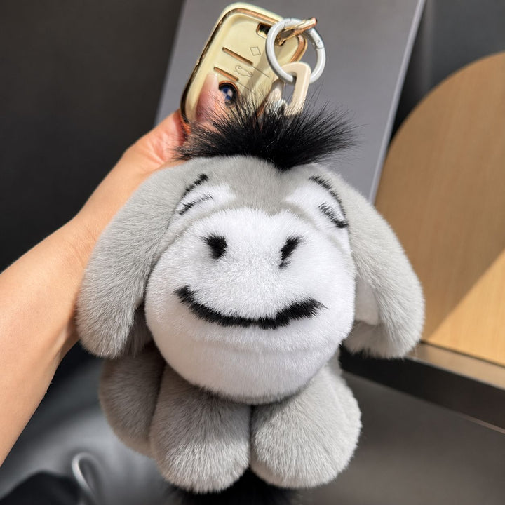 Luxury Real Rex Rabbit Fur Eeyore Keychain Ultra-Soft Plush Donkey Bag Charm Car Key Ring Accessory