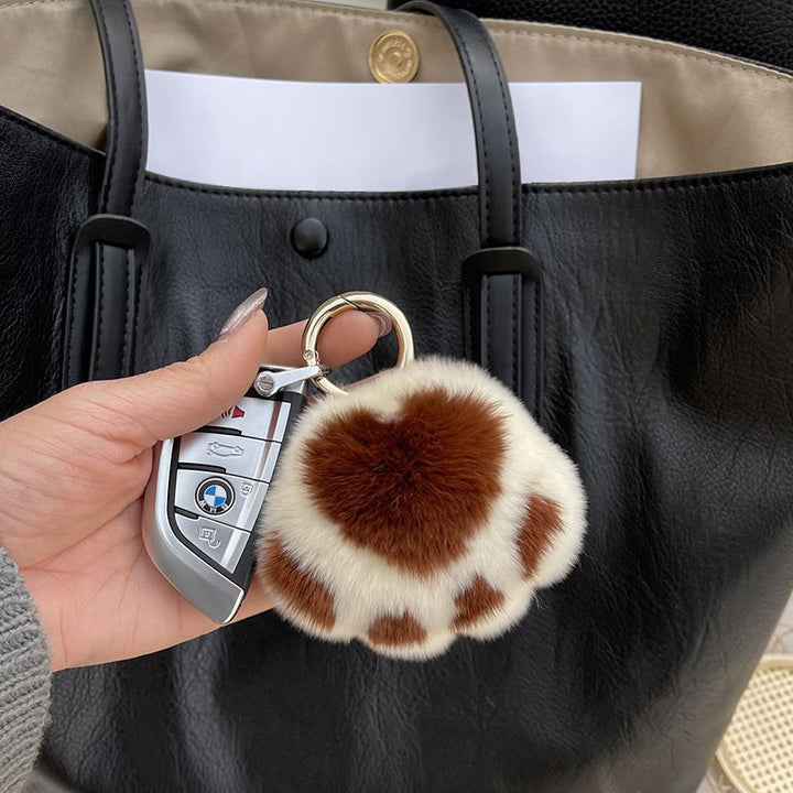 Cute Cat Paw Rabbit Fur Pom Pom Keychain Plush Handbag Purse Charm