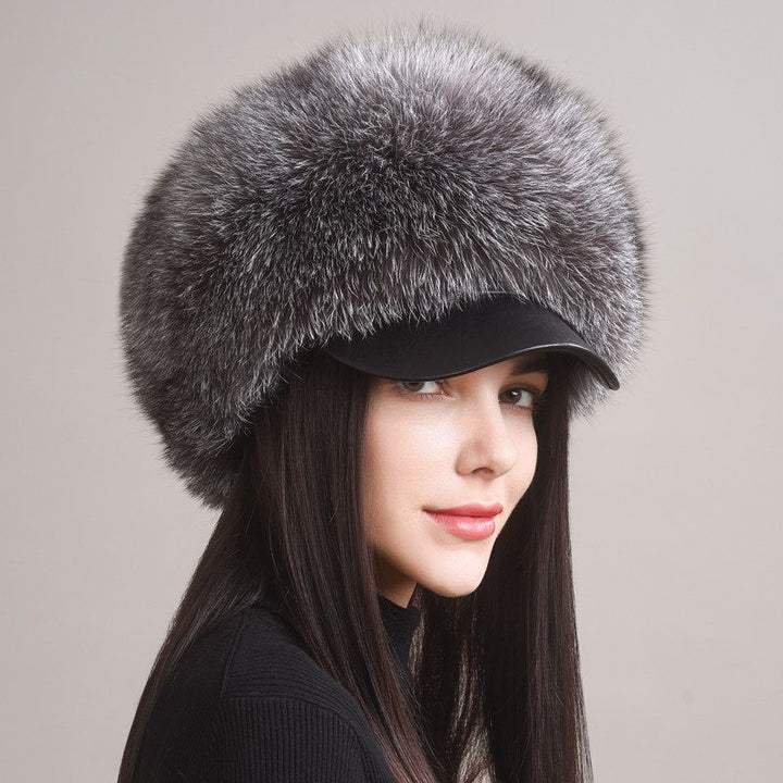 Luxury Real Fox Fur Hat with Leather Visor Elegant Winter Fur Cap for Women