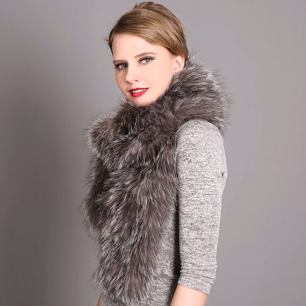 Women's Classic Long Fox Fur Scarf Long Plush Fur Stole Wrap for Women