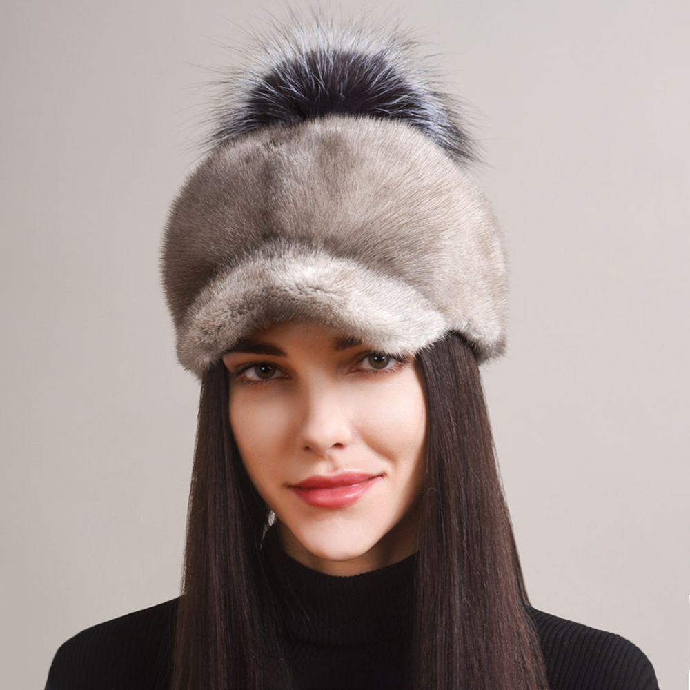Real Mink Fur Hat with Fox Fur Pom-Pom Women's Luxury Winter Fur Baseball-Style Cap for Cold Weather