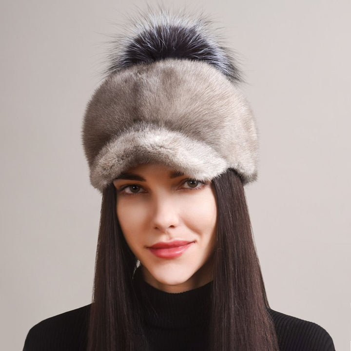 Real Mink Fur Hat with Fox Fur Pom-Pom Women's Luxury Winter Fur Baseball-Style Cap for Cold Weather