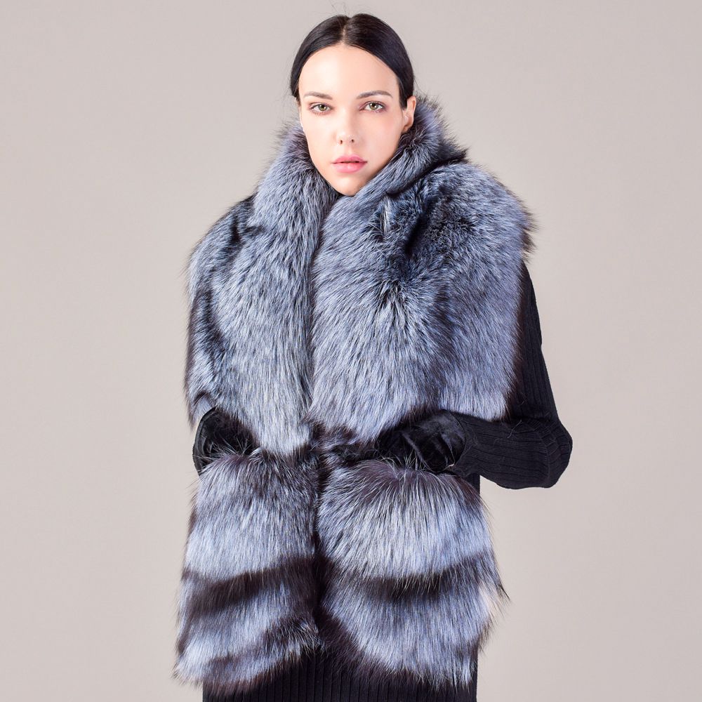 Women's Oversized Real Fox Fur Shawl Wrap Large Fur Collar Scarf with Pocket for Parties and Wedding