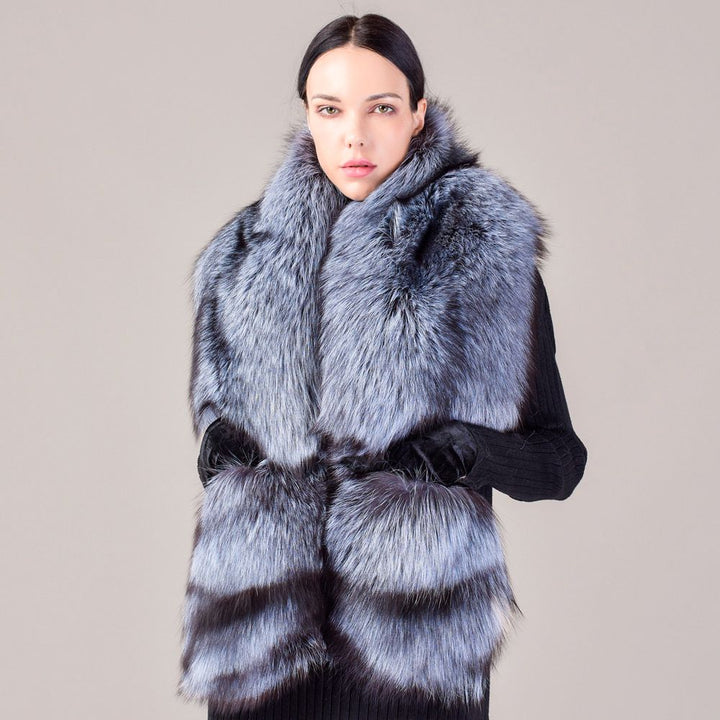 Women's Oversized Real Fox Fur Shawl Wrap Large Fur Collar Scarf with Pocket for Parties and Wedding
