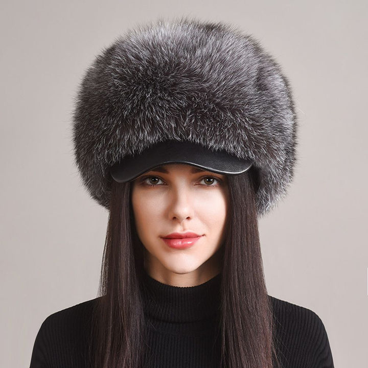 Luxury Real Fox Fur Hat with Leather Visor Elegant Winter Fur Cap for Women