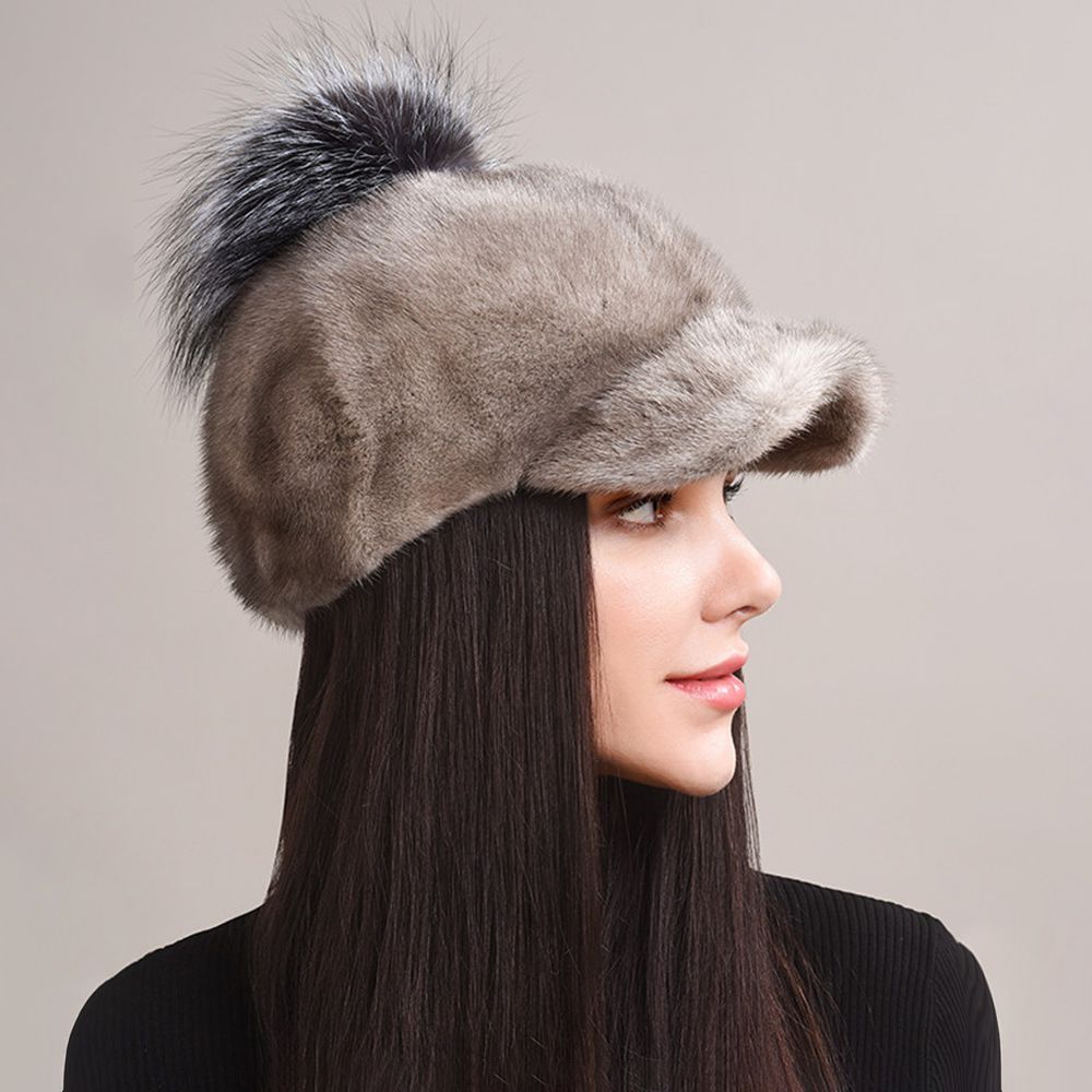 Real Mink Fur Hat with Fox Fur Pom-Pom Women's Luxury Winter Fur Baseball-Style Cap for Cold Weather