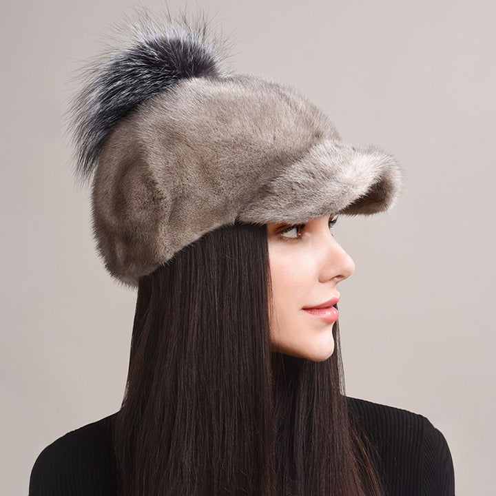 Real Mink Fur Hat with Fox Fur Pom-Pom Women's Luxury Winter Fur Baseball-Style Cap for Cold Weather