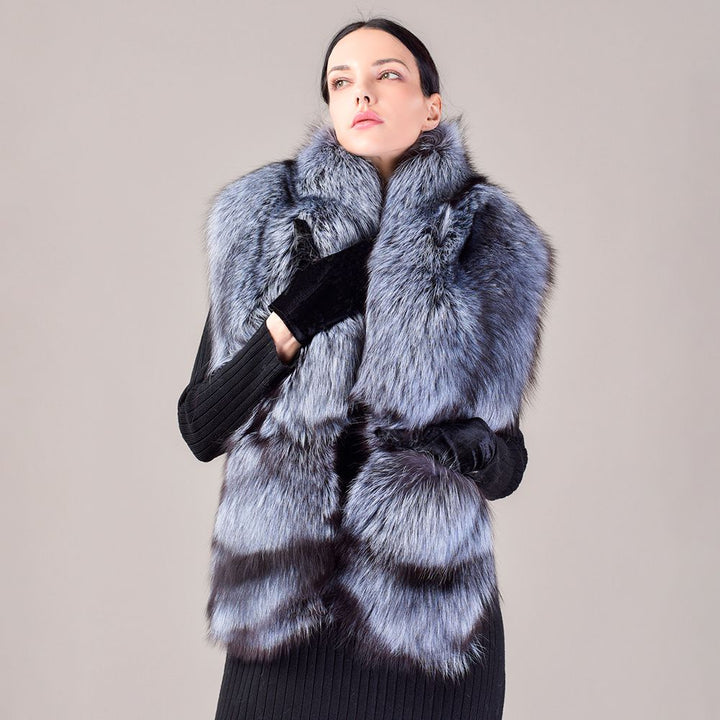 Women's Oversized Real Fox Fur Shawl Wrap Large Fur Collar Scarf with Pocket for Parties and Wedding