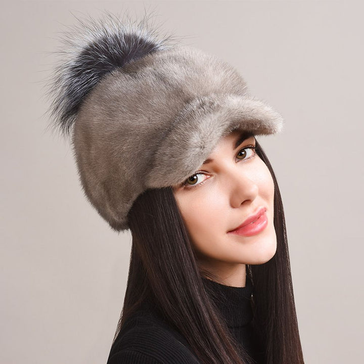 Real Mink Fur Hat with Fox Fur Pom-Pom Women's Luxury Winter Fur Baseball-Style Cap for Cold Weather