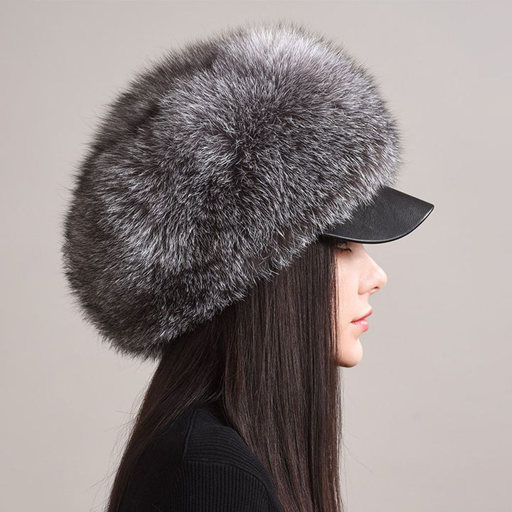 Luxury Real Fox Fur Hat with Leather Visor Elegant Winter Fur Cap for Women