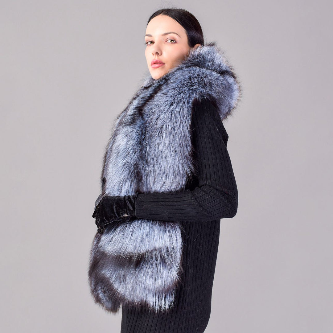 Women's Oversized Real Fox Fur Shawl Wrap Large Fur Collar Scarf with Pocket for Parties and Wedding