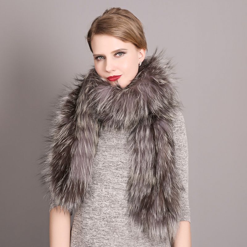 Women's Classic Long Fox Fur Scarf Long Plush Fur Stole Wrap for Women