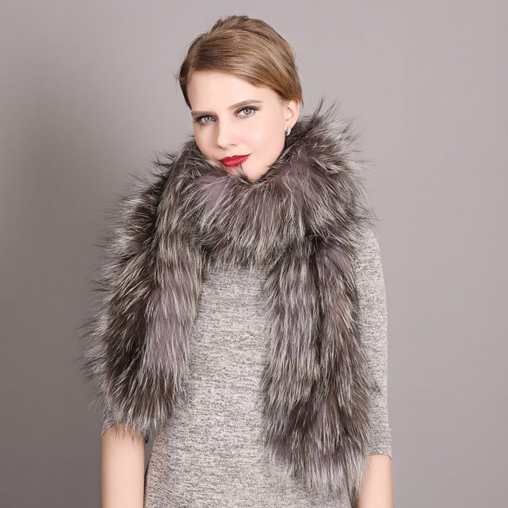 Women's Classic Long Fox Fur Scarf Long Plush Fur Stole Wrap for Women