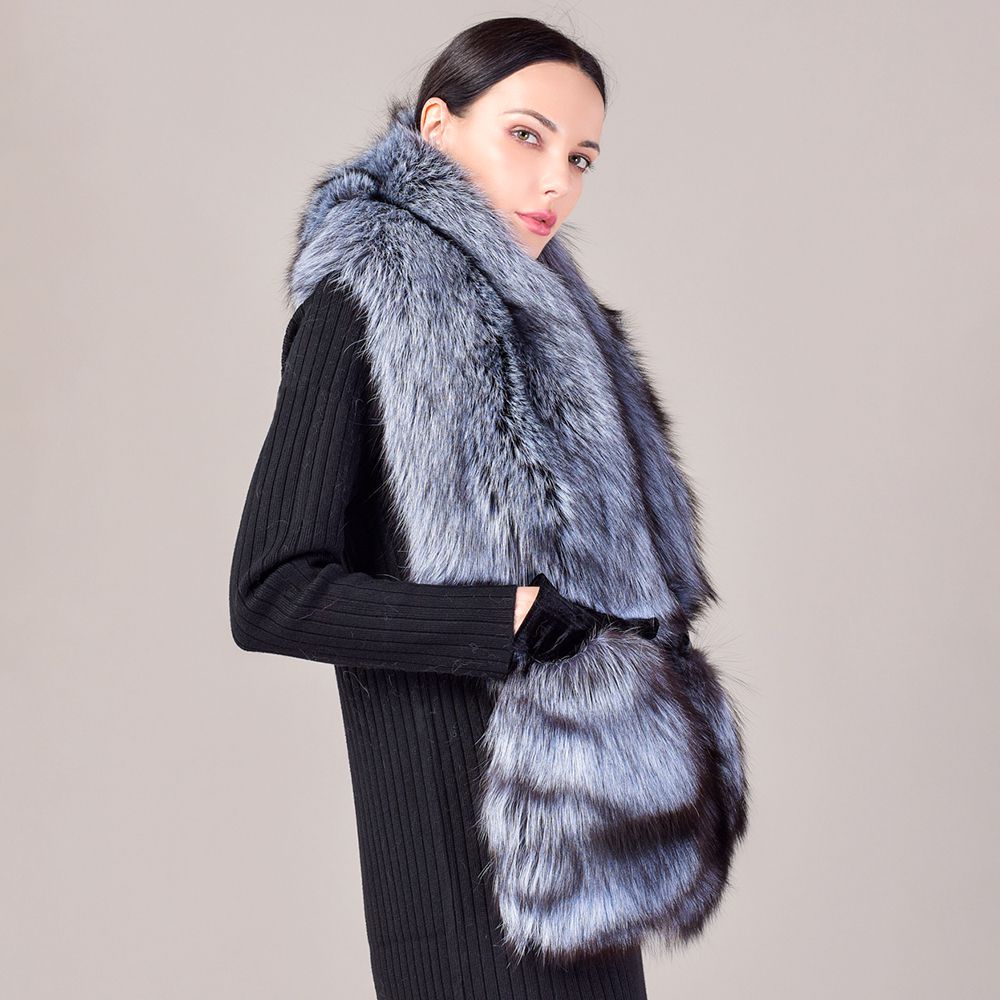 Women's Oversized Real Fox Fur Shawl Wrap Large Fur Collar Scarf with Pocket for Parties and Wedding
