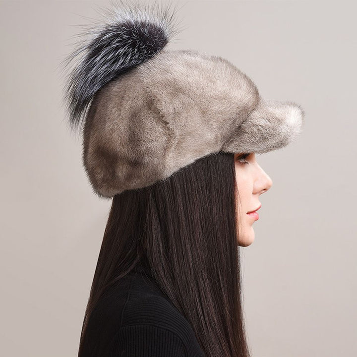 Real Mink Fur Hat with Fox Fur Pom-Pom Women's Luxury Winter Fur Baseball-Style Cap for Cold Weather