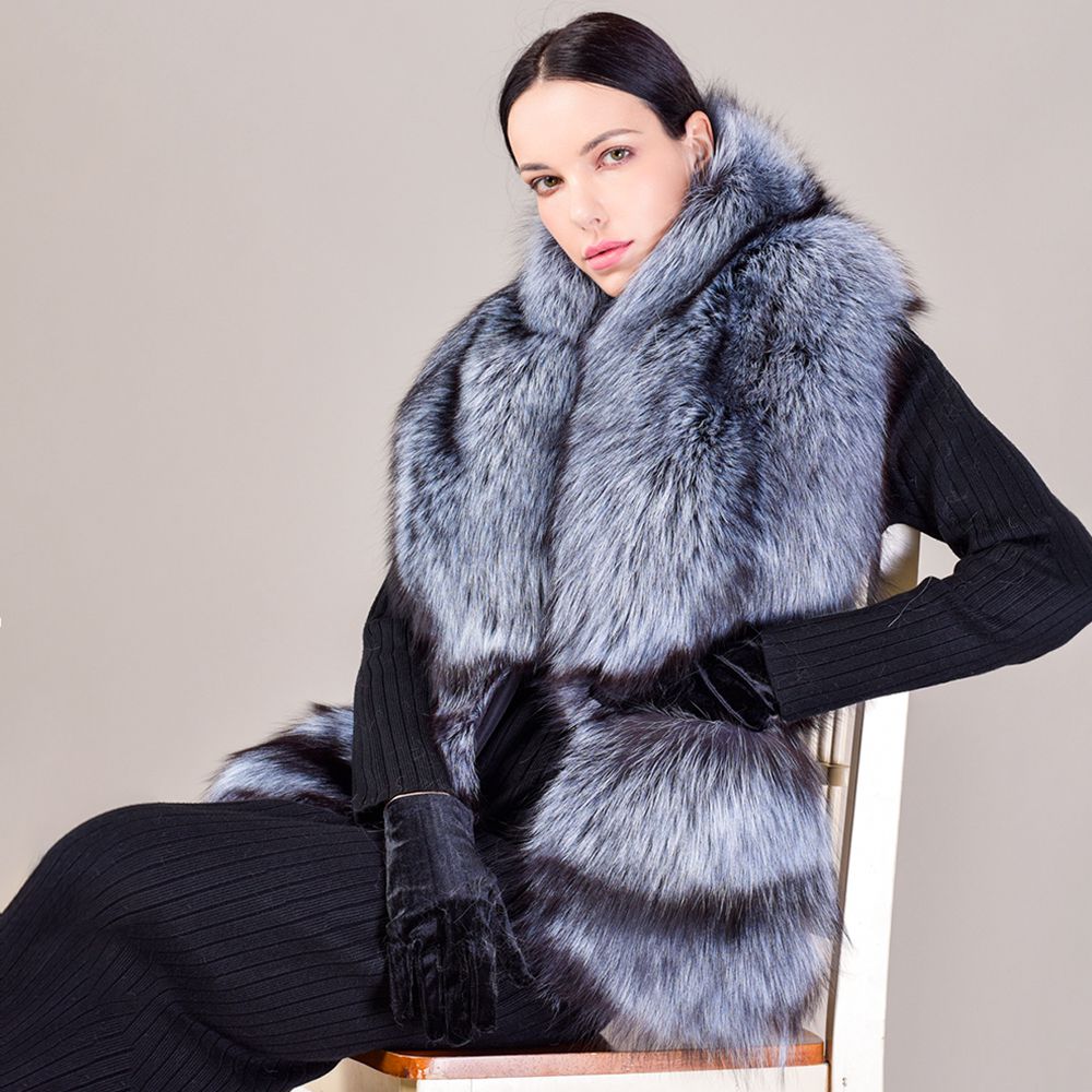 Women's Oversized Real Fox Fur Shawl Wrap Large Fur Collar Scarf with Pocket for Parties and Wedding