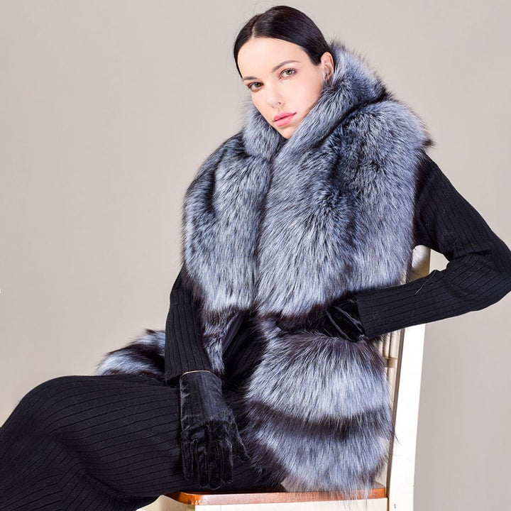 Women's Oversized Real Fox Fur Shawl Wrap Large Fur Collar Scarf with Pocket for Parties and Wedding