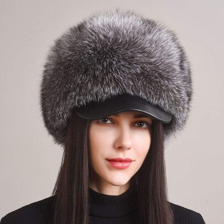 Luxury Real Fox Fur Hat with Leather Visor Elegant Winter Fur Cap for Women