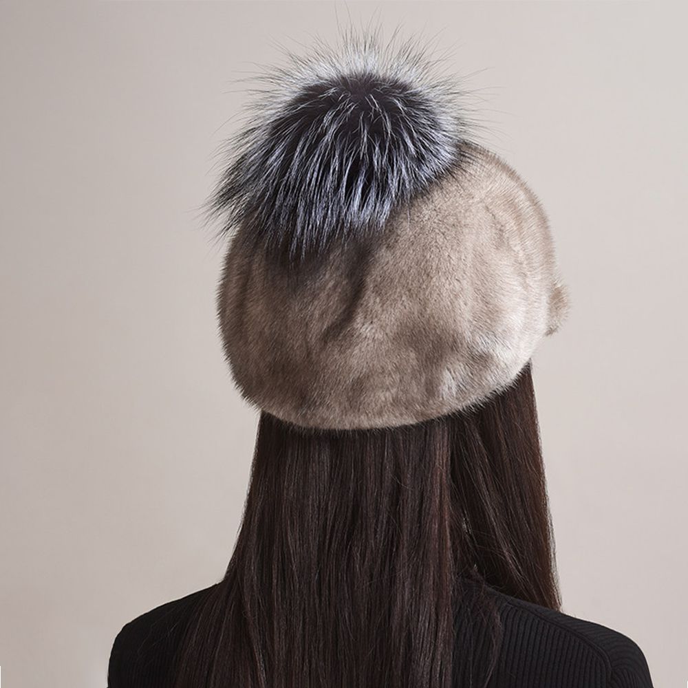 Real Mink Fur Hat with Fox Fur Pom-Pom Women's Luxury Winter Fur Baseball-Style Cap for Cold Weather