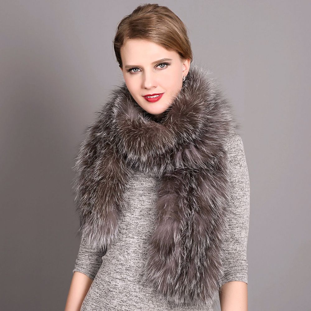 Women's Classic Long Fox Fur Scarf Long Plush Fur Stole Wrap for Women