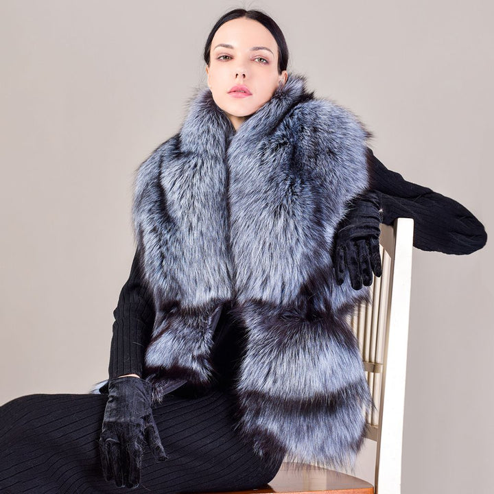 Women's Oversized Real Fox Fur Shawl Wrap Large Fur Collar Scarf with Pocket for Parties and Wedding