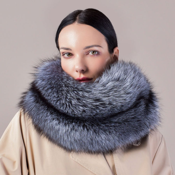 Luxury Real Silver Fox Fur Scarf Collar Oversized Fluffy Natural Fur Neck Warmer Wrap for Women