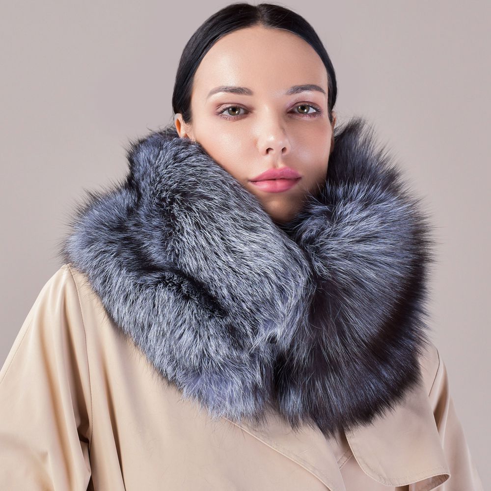 Luxury Real Silver Fox Fur Scarf Collar Oversized Fluffy Natural Fur Neck Warmer Wrap for Women