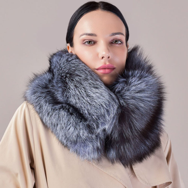 Luxury Real Silver Fox Fur Scarf Collar Oversized Fluffy Natural Fur Neck Warmer Wrap for Women