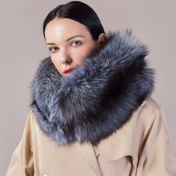 Luxury Real Silver Fox Fur Scarf Collar Oversized Fluffy Natural Fur Neck Warmer Wrap for Women