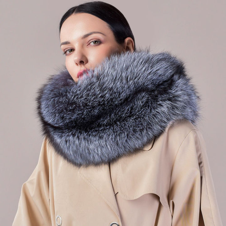Luxury Real Silver Fox Fur Scarf Collar Oversized Fluffy Natural Fur Neck Warmer Wrap for Women