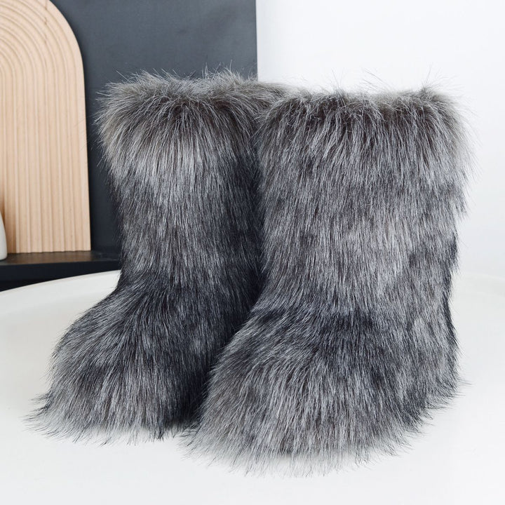 Faux Raccoon Fur Snow Boots for Women Winter Furry Cozy Slip-On Ankle Fur Boots