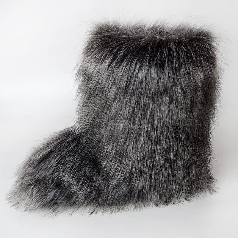 Faux Raccoon Fur Snow Boots for Women Winter Furry Cozy Slip-On Ankle Fur Boots