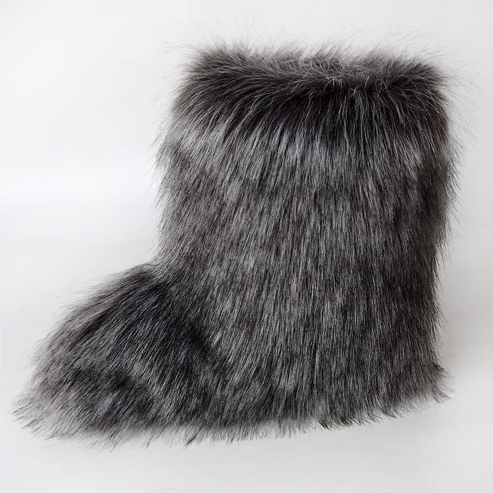 Faux Raccoon Fur Snow Boots for Women Winter Furry Cozy Slip-On Ankle Fur Boots
