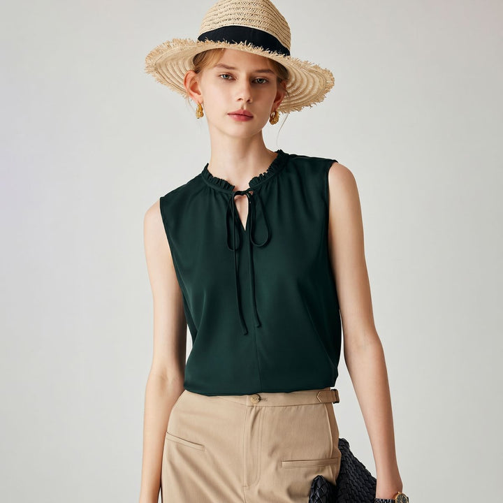 22 Momme Women’s Stand Collar Sleeveless Tie-Neck Silk Shirt