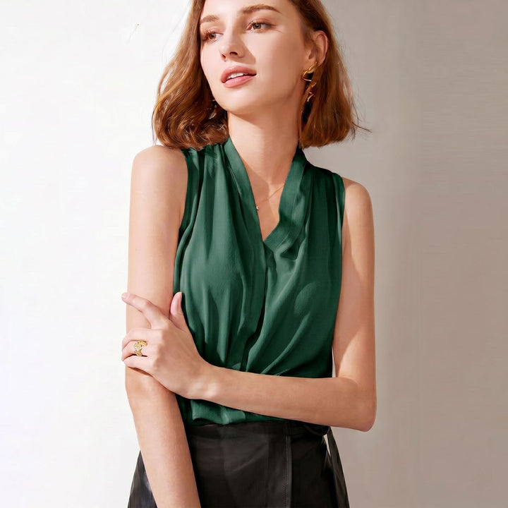 Women’s Sleeveless Draped V-Neck Mulberry Silk Blouse Top