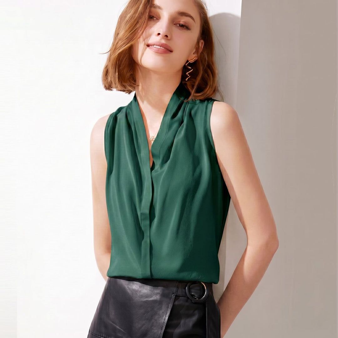 Women’s Sleeveless Draped V-Neck Mulberry Silk Blouse Top