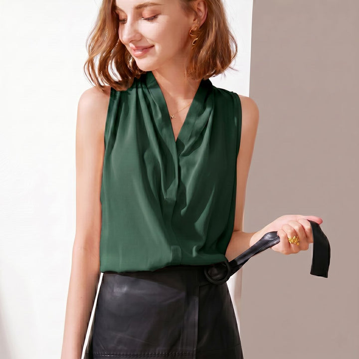 Women’s Sleeveless Draped V-Neck Mulberry Silk Blouse Top