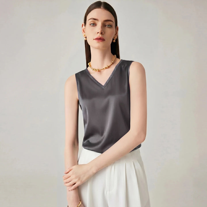 22 Momme V-Neck Sleeveless Silk Tank Top for Women