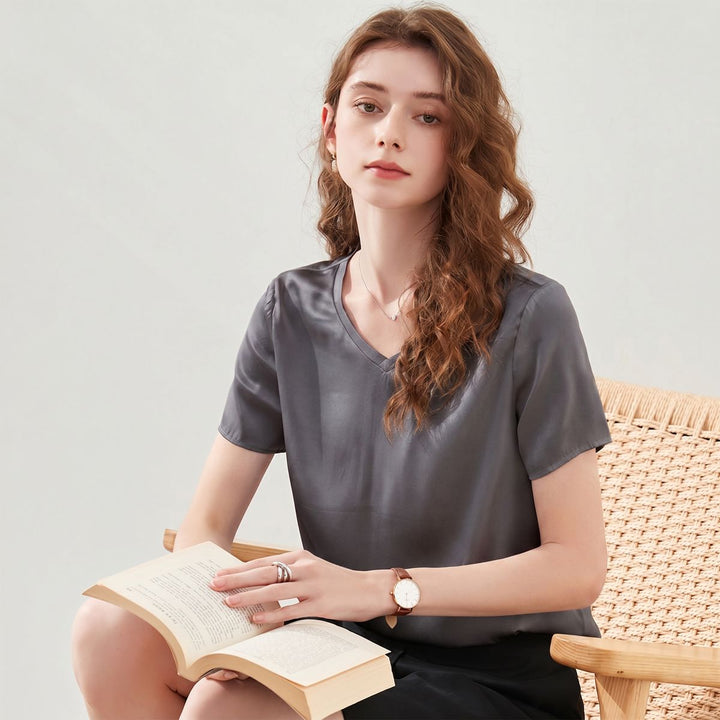 22 Momme Basic V-Neck Pure Mulberry Silk Short Sleeve T-Shirt