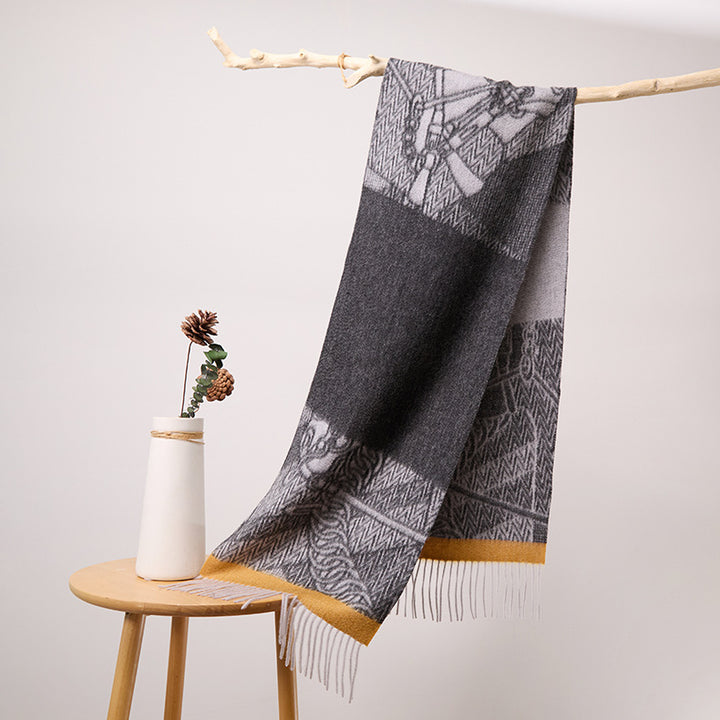 Women's Long Jacquard Cashmere Scarf with Elegant Tassels