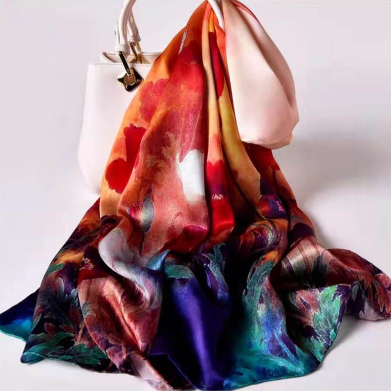 69" x 21" Womens Long Floral Printed Mulberry Silk Scarf Lightweight Luxury Wrap Neck Shawl