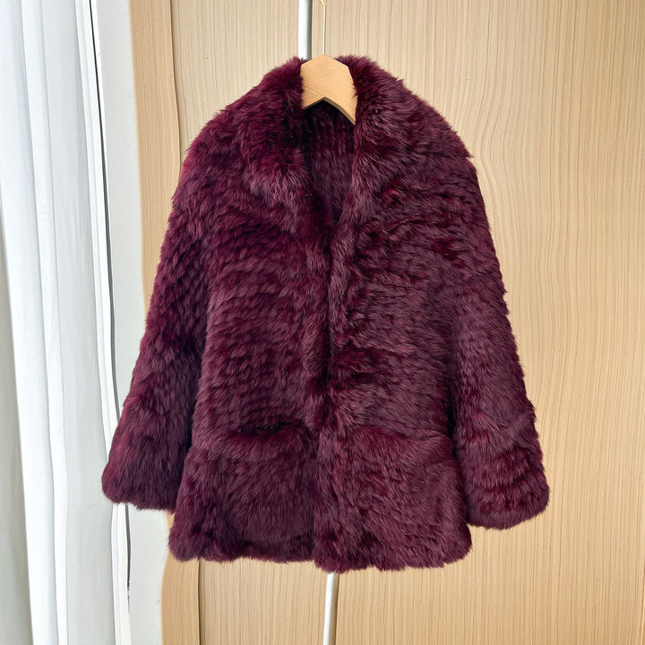 Rabbit Fur Knitted Shawl Wrap with Pockets Affordable Fur Coat