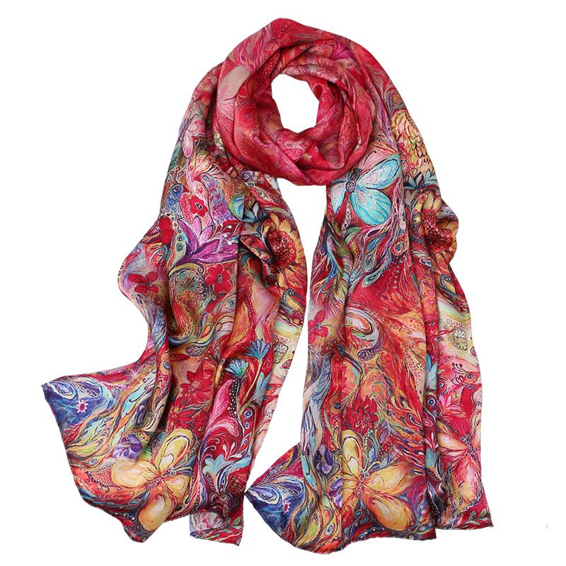 69" x 21" Womens Long Floral Printed Mulberry Silk Scarf Lightweight Luxury Wrap Neck Shawl